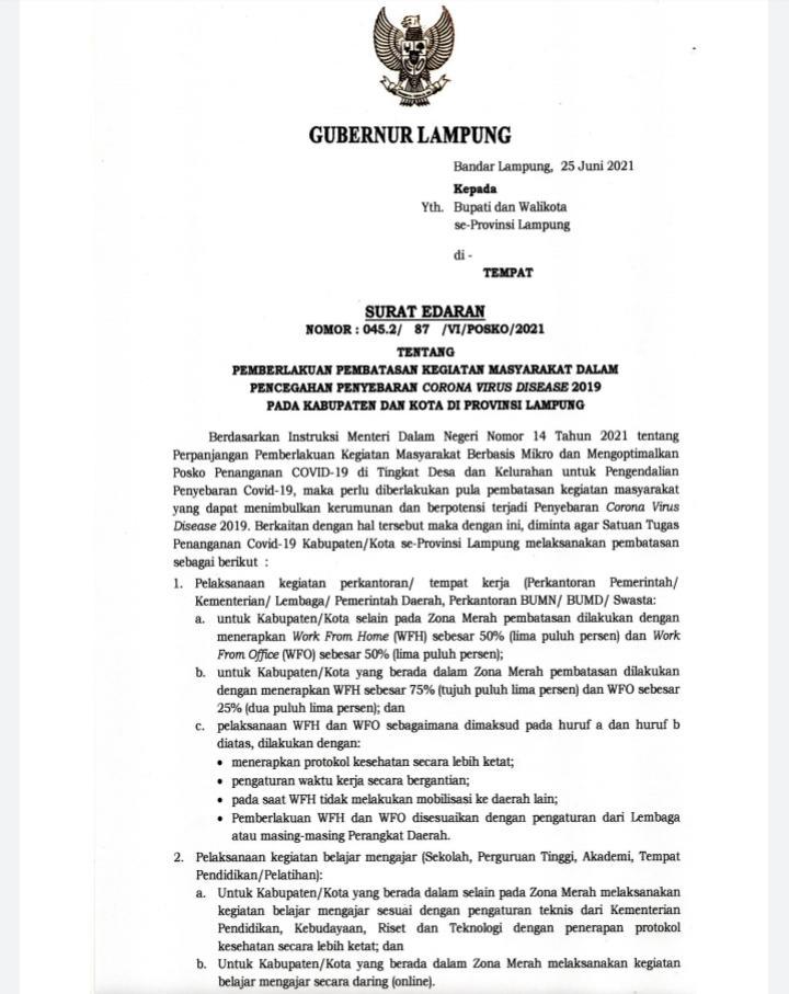 Pemprov Lampung Instruksikan PPKM Mikro Kabupaten/Kota Provinsi Lampung